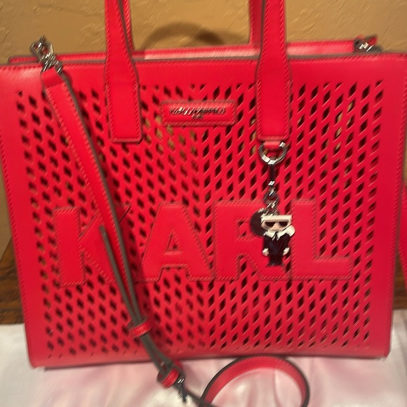 Karl Lagerfeld NWOT 2 Piece Red Leather Laser Cut Bag & Pouch Satchel/Crossbody - Picture 2 of 13